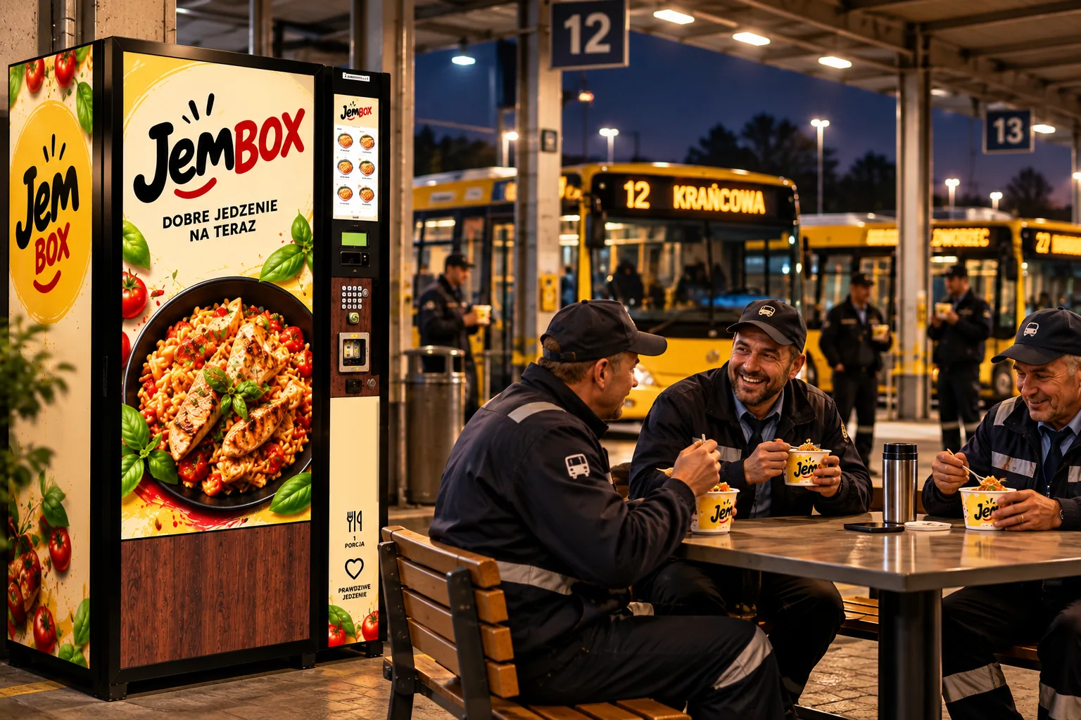 Kierowcy autobusów jedzą ciepły obiad przy automacie JemBOX na pętli autobusowej